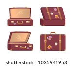 Leather vintage suitcases set open and closed briefcases, decorative nostalgia memories about Great Britain and Egypt, retro clock vector illustrations