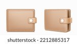 Leather wallet 3d render front and angle view. Realistic beige purse, pocket for money and cards keeping. Luxury accessory with stitches and clasp isolated on white background, Vector illustration