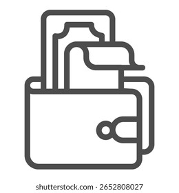 Carteira de couro com ícone de linha de notas, conceito financeiro. Gráficos vetoriais. Bolsa com cédulas de papel, sinal de dinheiro no fundo branco, ícone de estilo de estrutura de tópicos para design móvel ou web