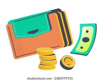 Leather wallet with coins and dollar banknotes for payment. Budget and finances, cashback. Cash in purse. Business financial investment. Saving money and paying for services. Vector in flat style
