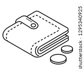 Leather wallet with coins. Vector outline icon isolated on white background.
