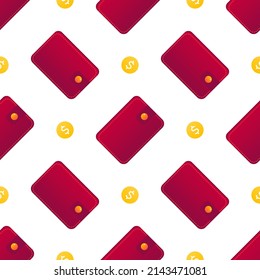 Leather wallet with coins vector seamless pattern background for money, savings, shopping design.
