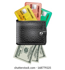 Leather wallet  with credit cards and dollars USA on a white background. Vector