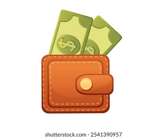 Leather wallet filled with dollar bills, representing budgeting, saving, and personal finance. Great for financial, shopping, and lifestyle themes. Vector illustration isolated on white.