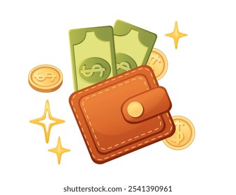 Carteira de couro cheia de notas de dólar e cercada por moedas e brilhos, simbolizando riqueza, gastos e orçamento. Perfeito para imagens financeiras, bancárias e de estilo de vida. Ilustração vetorial.