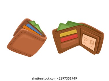 Cartera de cuero plegada y abierta con tarjeta de crédito y juego de símbolos de dinero ilustración de dibujos animados vector