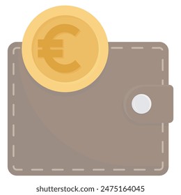 Leather wallet and gold coin with euro symbol on it. Cartoon style, flat design. Vector illustration