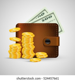 Leather wallet with gold coins and green dollar. Vector illustration, eps 10. Brown wallet with money isolated with shadow. Concept for business,bank, shopping, e-commerce, online shop, finance.