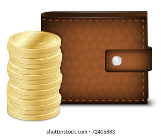 Leather wallet with gold coins. Vector illustration