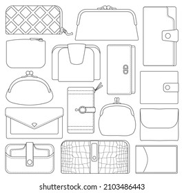 Leather Wallet Isolated Outline Set Icon. Vector Illustration Purse On White Background.Outline Vector Set Icon Leather Wallet .