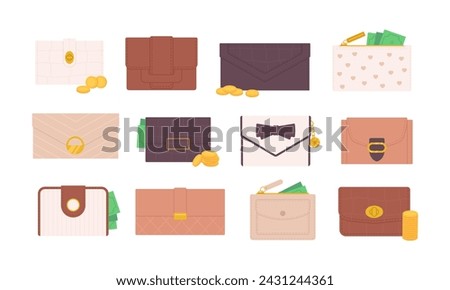 Leather wallet. Isolated wallets for women and unisex models. Stylish accessories for cash and coins. Fashion purse design, racy vector collection