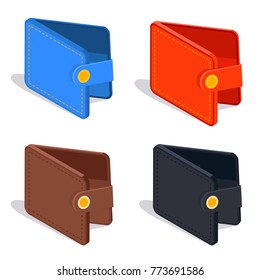 Leather wallet isometric vector icon design in red, blue, brown and black color. Purse case for money, credit cards or documents. 