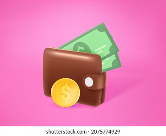 Leather wallet with money. 3d style vector illustration