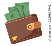 Leather Wallet with Money. Leather Wallet with Banknotes. Flat Vector Illustrations
