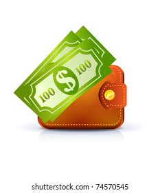 Leather wallet with notes on white