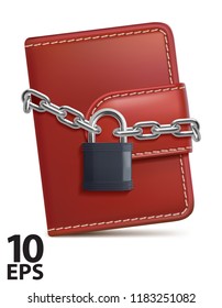 Leather wallet with padlock and chain on white isolated background. Concept of protecting money and safety personal finances. Vector 3d illustration