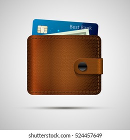 Leather wallet realistic with blue credit card and green dollar. Vector illustration, eps 10. Brown wallet with money isolated with shadow.