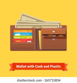 Leather wallet with some money, credit cards and coin pocket. Flat style vector illustration.