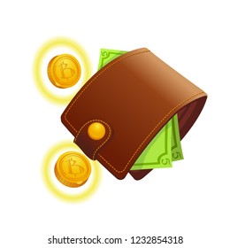 Leather wallet with two five-dollar bills, closed on the button. Two Bitcoins fall from it. Vector image.
