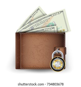 Leather Wallet Vector. Locked With Combination Lock. Modern Finance Secure Concept. Isolated Illustration
