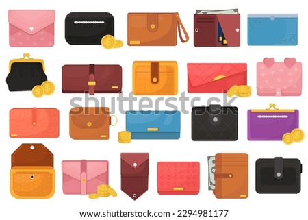 Leather wallets with money coins and banknotes. Vector illustration