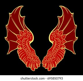 Leather wings of a demon with membranes against. Occultism, tattoo, ancient symbols
