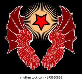 Leather wings of a demon with membranes against the background of a star. Occultism, tattoo, ancient symbols