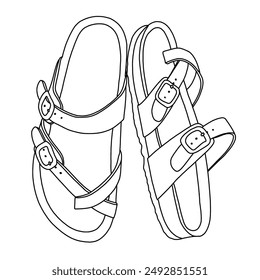 Leather Women's Sandals, Cork Footbed Slides Line art, Technical sketch hand drawing outline vector doodle illustration isolated on white background