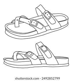 Leather Women's Sandals, Cork Footbed Slides Line art, Technical sketch hand drawing outline vector doodle illustration isolated on white background