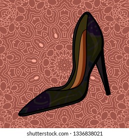 Leather Women's shoe with blue accents. Brown background. Fashionable shoes in retro style. - Vector