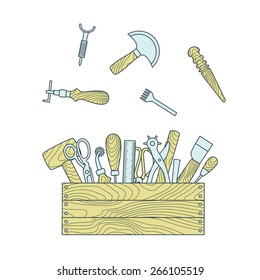 Leather working tools in toolbox vector illustration