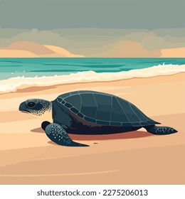 Leatherback sea turtle on the beach. Threatened or endangered species animals. Flat vector illustration concept