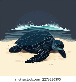 Leatherback sea turtle on the beach. Threatened or endangered species animals. Flat vector illustration concept