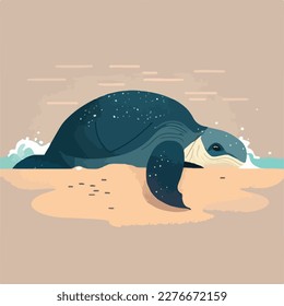 Lederschildkröte am Strand. bedrohte oder gefährdete Tierarten. Flaches Vektorgrafik-Konzept