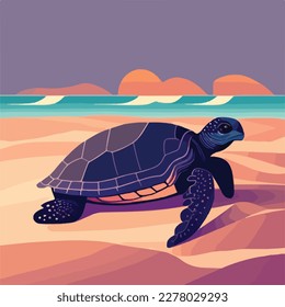 Leatherback sea turtle on the beach. Threatened or endangered species animals. Flat vector illustration concept