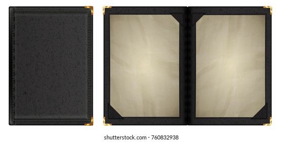A leather-bound notebook is shown two kinds of closed and open with old sheets of paper. Isolated objects on white background.