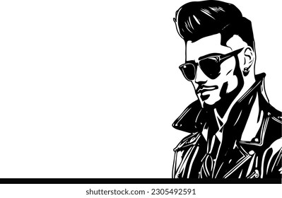 Leather-clad Legend Sketch of a 90s Comic-Style Man Wearing a Jacket and Sunglasses