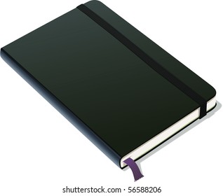 Leather-covered bound notebook with black cover, elastic band and ribbon placeholder.