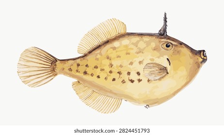 Leatherjacket fish sea creature vintage drawing hand drawn, vector illustration isolated on white.