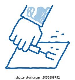 vector de icono de esbozo de la máquina de coser de cuero. Señal de la máquina de coser de labrador de la línea de doodle azul dibujada a mano. ilustración de símbolo aislado