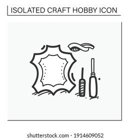 Leatherworking hand draw icon. Leather material and instruments. Creative hobby. Handmade concept. Isolated sketch vector illustration