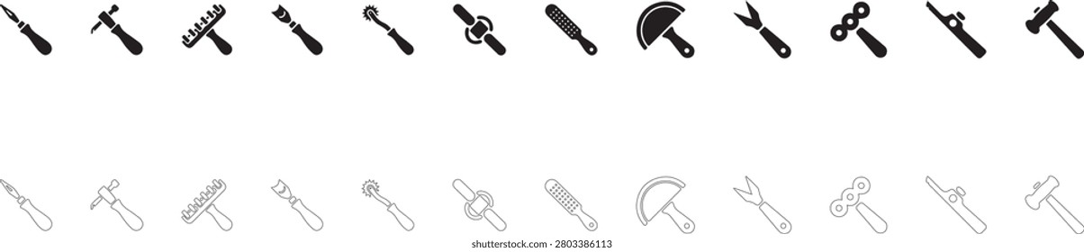 Leatherworking hand tools icon set, leather craft equipment collection, saddlery hardware symbol and manual processing.	
