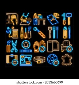 Leatherworking Job neon light sign vector. Glowing bright icon  Leatherworking Material And Equipment, Instrument For Cut Leather And Worker, Ball And Belt Illustrations
