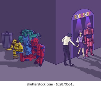 leave broken humanoid robot outside shop