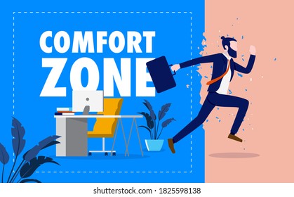 Leave comfort zone - Business man running out of his comfortable routines seeking creativity and challenges. Self improvement, aspiration and seek opportunities concept. Vector illustration.