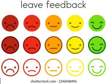 Deja comentarios. La calificación de satisfacción del servicio al cliente se amplía con botones de emoticonos de color. Iconos planos y sonrientes de diferentes colores. Ilustración vectorial.