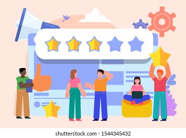 Leave feedback or rating online using website. Group of people stand near big web page. Poster for social media, web page, banner, presentation. Flat design vector illustration