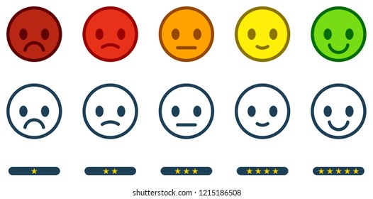 Deja tus comentarios. Escala de satisfacción con botones de emoticonos de color y de una a cinco estrellas. Iconos planos de diferentes colores. Ilustración vectorial.