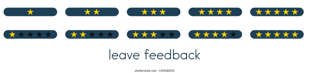 Leave feedback. Vote scale with blue buttons with gold one to five stars. Vector illustration.