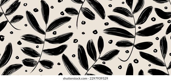 leave hand drawn seamless pattern. ink brush texture. 